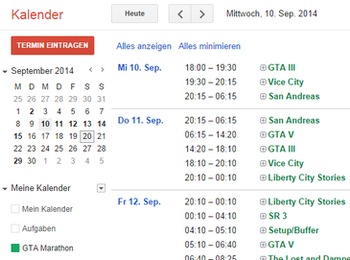Example screenshot of Google Calendar, displaying a few calendar entries from the GTA Marathon schedule